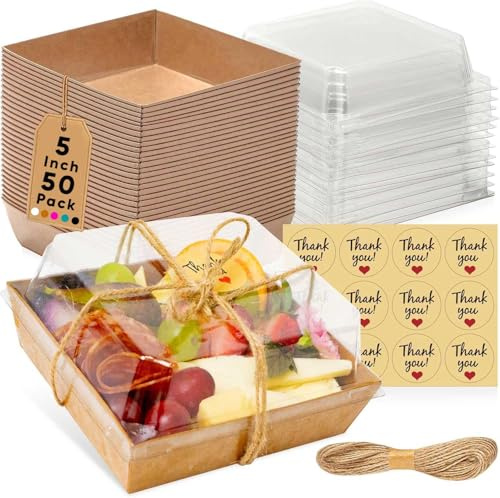 Leafiew 50 Pack Small Charcuterie Boxes with Clear Lids - To Go Paper Mini Charcuterie Box, Disposable Food Containers, 5Inch Dessert Boxes - Sandwich, Cookie, Sushi, Cake Slice, Strawberries (Brown)