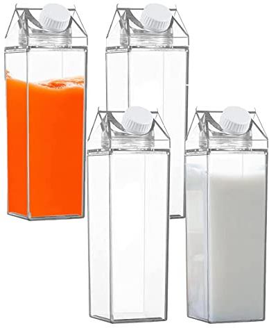 Milk Carton Water Bottle, 4 Pack 500ml Clear Plas-tic Milk Box, Portable Refillable Juice Bottle for Fridge Outdoor Camping Picnic Car Sports Travel Activities, Reusable Water Bottle Cup Container
