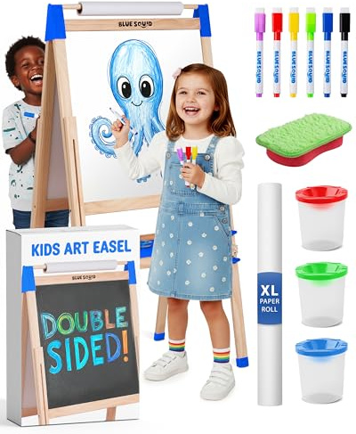 Kunst Staffelei für Kinder mit Zubehör- Doppelseitige hölzerne Tafel für Kinder mit magnetischer Kreidetafel, abwischbarem Whiteboard & Papierrolle, Kindertafel mit Kreide und Magnet 2-4 4-8 9-12