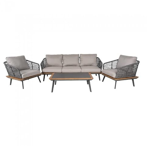 Grindi - Gartenmöbel Lounge Set, Seilgeflecht, Seilbespannung, Balkonmöbel - 5 Personen, mit Sofa, Tisch & Stühlen - beige, Balo - wetterfest Sitzbezüge - für Garten, Balkon, Terrasse, Flache