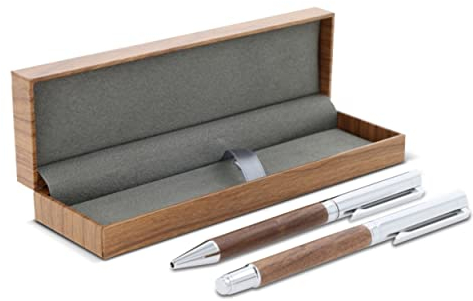 noTrash2003 Edles Schreibset Metallkugelschreiber Kugelschreiber und Tintenroller mit Holzschaft aus Walnuss, verchromtes Messing, edles Schreibgerät im Geschenketui