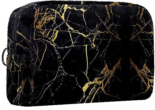 Kleine Schminktasche für Damen,Schminktasche, Reisekosmetiktasche,schwarzer und Goldener Marmor Drucken