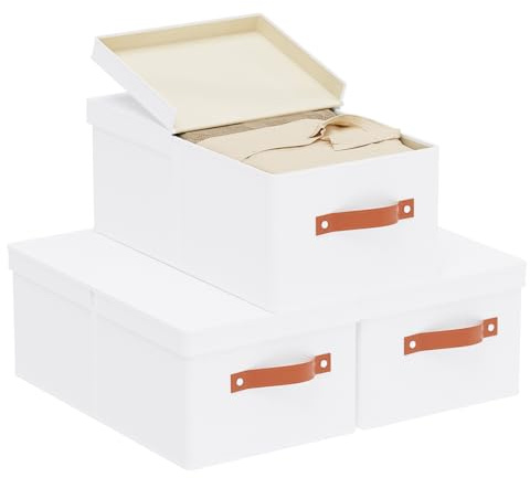 YheenLf 3 Stück Aufbewahrungsbox, Aufbewahrungsboxen mit Abnehmbarem Deckel, Kleiderschrank Organizer Box für Bücher, Kleidung, Vliesstoff, Waschbare, Weiß, 41x25x16.5cm