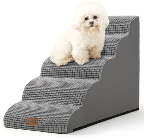 COZY KISS Hundetreppe für Kleine Hunde 57cm, Haustiertreppe für Hochbett aus Hochdichtem Schwamm, Hunde Treppe Hunderampe mit Waschbarem Bezug und Rutschfestem Boden, 40x84x57cm, 5 Stufen, Hellgrau