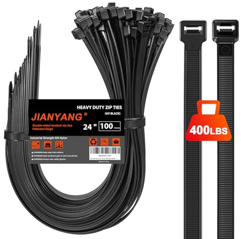 Long Zip Ties Heavy Duty 24 inch，400 LBS Tensile Strength With Double Sided Toothed Super Durable Cable Ties ，Extra Large Wire Ties Adjustable Nylon Tie Wraps for Indoor Outdoor （100 Pack Black）