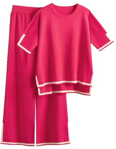 DONYKARRY 2 Pieces Jogginganzug Damen Set Kurzarm Lounge Sets Strickpullover Top Weites Bein Elastische Taille Hose Anzug (Rot,L)