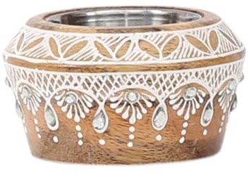 Boho Teelichthalter Anasuya modern aus Mangoholz in Braun-Weiß 9 cm