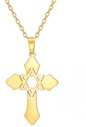kkjoy Collier à Pendentif de Croix avec Étoile de David en Acier Inoxydable Hexagramme à la Croix Amulette de Prière Bijoux pour Femme Homme (Collier A (1mm Chaîne en croix, 45+5cm)-Or)