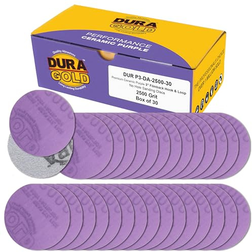 Dura-Gold Premium 2500 Grit 3 Purple Film Ceramic Sanding Discs, Box of 30 - Hook & Loop Backing Sandpaper for DA Sander, Drill, Grinder, Rotary Tool - Sand Auto Body Paint, Metal, Wood, Woodworking