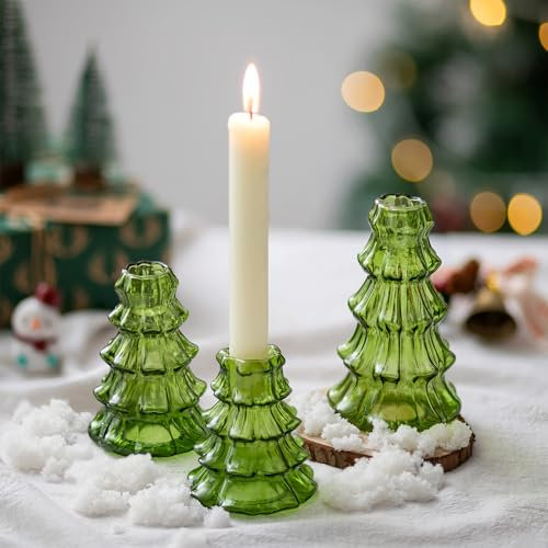 Glass Christmas Tree Table Decoration: Hewory Christmas Candle Holder for Candlesticks Small Xmas Ornaments for Home Table Centrepiece - 3 Pack