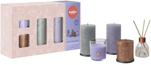 Bolsius Rustik Stumpenkerzen mit Duftstäbchen und Duftkerze - Geschenkset 5 Stück - Funky Freshness - Lavendel - Länge Brenndauer - Enthält Natürliches Pflanzenwachs - Muttertag
