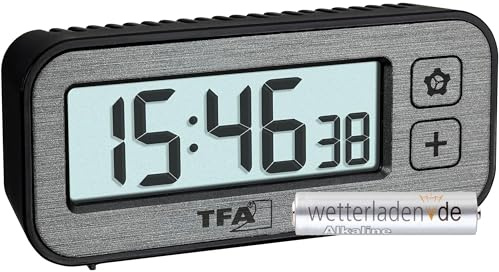 TFA Dostmann Mini-Wecker digital mit Temperatur und Luftfeuchtigkeit Switch, 60.2039.10, mit Höchst- und Tiefstwerte, mit Weckalarm und Quarzuhr, Reisewecker, klein, Nicht tickend (grau mit Batterie)