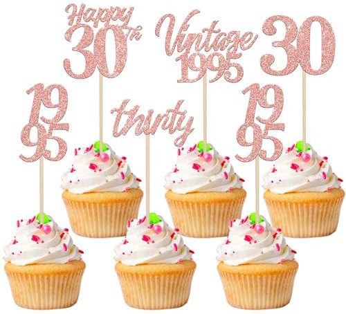 30 Pack Happy 30th Birthday Cupcake Toppers Cheers to 30 Vintage 1995 Cupcake Picks Hello Thirty 30th Birthday Decorations for 30th Wedding Anniversary Birthday Party Cake Decorations Rose Gold