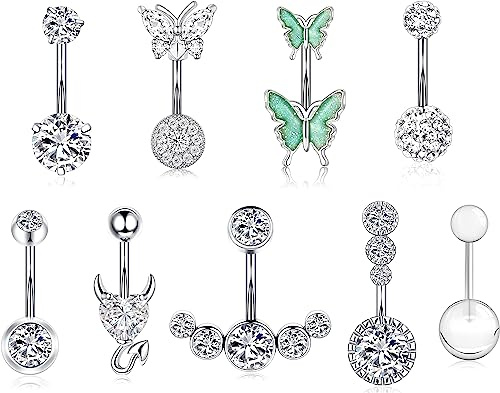 LYLYMIMI Surgical Steel Belly Button Rings Dangling Dangle Belly Rings Piercing Jewelry for Women with Cute Heart Butterfly Elements (silvery)