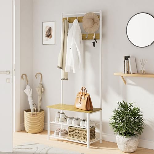 HEYZOEY Coat Stand, Coat Rack with Shoe Storage, 3-in-1 Freestanding Wooden Coat Rack with Shoe Bench and ShoeRack, 3-Tier Shelf and 4 Removable Hooks, White