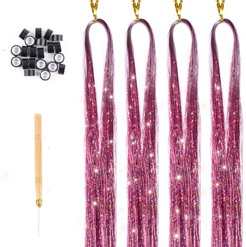 Kit de 25 mechones de pelo con purpurina de 120 cm, con herramienta para trenzar, resistente al calor, extensiones de pelo para niñas y mujeres, festivales y fiestas (rosa)