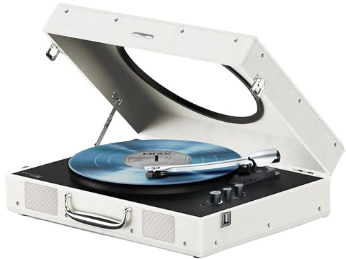 MIXX Revival 65 Stereo Vinyl Record Player – Retro Portable Turntable with Built-In Speakers, Bluetooth Input & Output, ATCartridge, Belt-Driven, Adjustable Speed, and Viewing Window – Cream