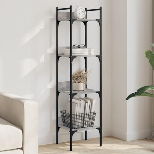 Gecheer Bücherregal, Raumteiler Regal mit 4 Böden, Stahl und Holzwerkstoff, 35x30x138,5 cm, für Wohnraum und Büro