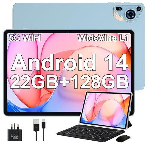 SKYEGG Android 14 Tablet 10 Inch – 22GB RAM, 128GB ROM, 8000mAh, WiFi 5G, Widevine L1, FHD IPS, USB-C – Tablet with Keyboard, Mouse, Case – for Study, Work & Streaming – Blue
