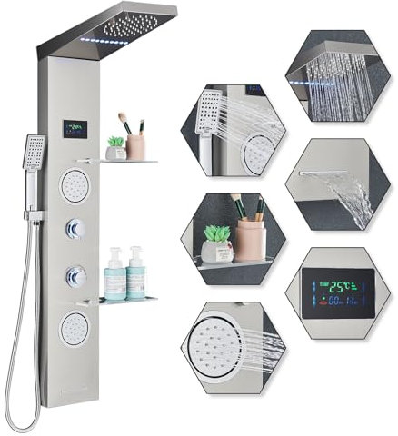 HARNART Pannello doccia a LED con rubinetto, 4 funzioni, con indicatore di temperatura LED, doccia e doccia a cascata, colonna doccia in acciaio inox 304