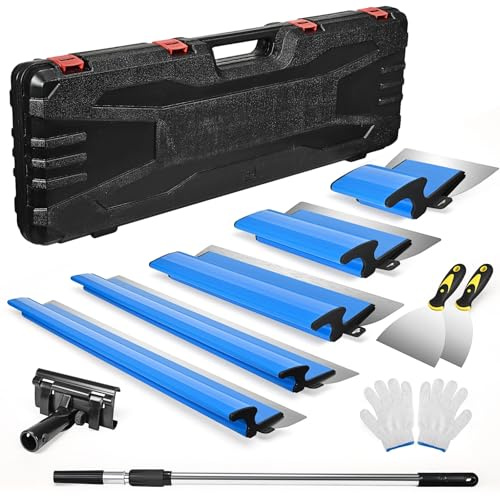 Spatule Enduit Lissage Set, comprenant 5 grattoirs de surface (190 mm demi-lune 250 mm 400 mm 600 mm 800 mm) avec lames de rechange 2 grattoirs à main tige télescopique en aluminium (Bleu)