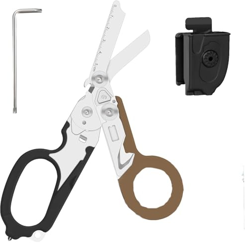 Blyxon 6-in-1-Multifunktions-Notfall-Schere, taktische faltbare Trauma-Schere, Outdoor-Camping, Rettungsschere, Werkzeuge mit nützlichem Holster (Schwarzbraun)