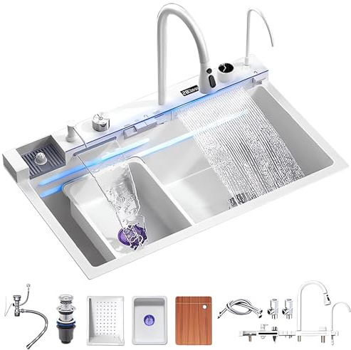 Coubird Fregadero de cocina en cascada de 85 x 45 cm, multifuncional inteligente con grifo de cascada, fregadero de cocina grande gris y negro con enjuague de tazas y 4 modos de pulverización