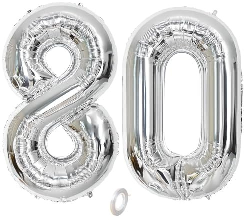 Balorise 40 Inch Giant Silver Foil Balloon Number 80, Inflatable Helium, Large Number 0-9, 10-100 (101 cm), Foil Balloons Decoration for Birthday Party and Wedding