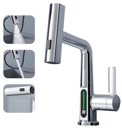 Badarmatur mit herausziehbarem Sprühgerät, 3 Sprühmodi, digitale Temperaturanzeige, Silber-Finish, moderner Spültischarmatur für einfache Reinigung und Temperaturregelung