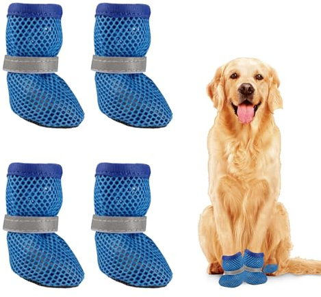 4 Stück Sommer Hundeschuhe,Pfotenschutz Hundeschuhe Outdoor,Mesh Anti-Rutsch Hundesocken,Hunde Schuhe Sommer,Atmungsaktive,Verstellbarem Shoes,Pfotenschutz Hundestiefel für Hundepfoten Schutz