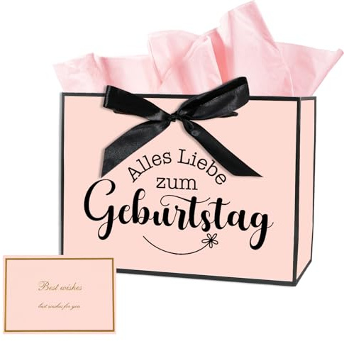 Bliceon Rosa Geburtstag Geschenktüte, 28x20x10cm Groß Geschenktasche mit Henkel aus Papier, Happy Birthday Tüte mit Seidenpapier für Mann Frau Junge Mädchen