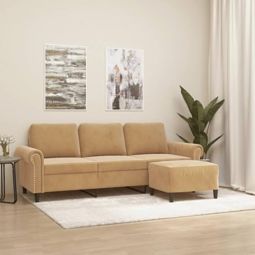 ACAGALA 3-Sitzer Sofa mit Hocker aus Samtstoff, Ecksofa mit Kissen, Kleine Couch Holzbeine & Metallrahmen, Modernes Couch für Wohnzimmer Schlafzimmer, 212 x 77 x 80 cm, Braun