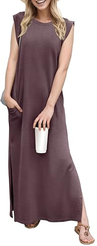 GRECERELLE Vestido maxi de verano para mujer, estilo elegante, sin mangas, maxi vestidos para mujer con abertura y bolsillos, palisandro, L