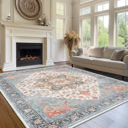 SOJAWA Oushak-Vintageteppich Wohnzimmer,180 x 230 cm Hellblau mit Rostrot & Terrakotta, Weicher Flor Teppich, Anti-Rutsch & Abriebfest, Boho Orientteppich für Modernes Landhaus & Flur
