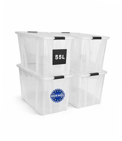 HOGSTEN Aufbewahrungsboxen 4er-Set mit Deckel – Stapelbare Kunststoffboxen 7L, 14L, 21L, 32L, 55L, 80L Transparent mit Klickverschluss & Griffen, BPA-frei, Lebensmittelgeeignet, Ordnungskisten (55 L)