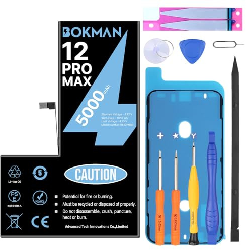 bokman Akku für iPhone 12 Pro Max 5000 mAh | Hochleistungs-Lithium-Polymer-Akku Ersatz mit Allen Werkzeug-Sets und Klebestreifen