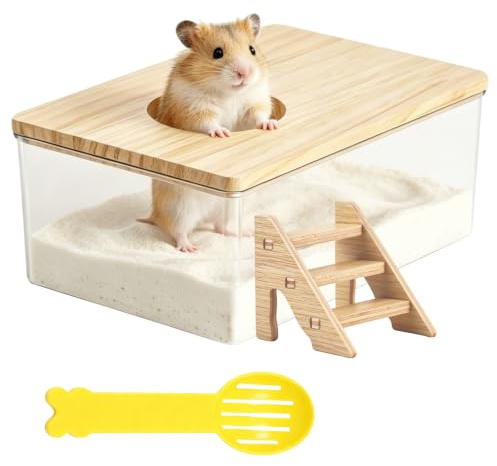 BUOSHUO Hamster Sand Bath with Ladder,Sand Bath Container 8.5x12.5x18.5cm | Hamster Toilet with Cleaning Scoop,Sand Bath for Syrian Hamsters,Chinchilla,Gerbil