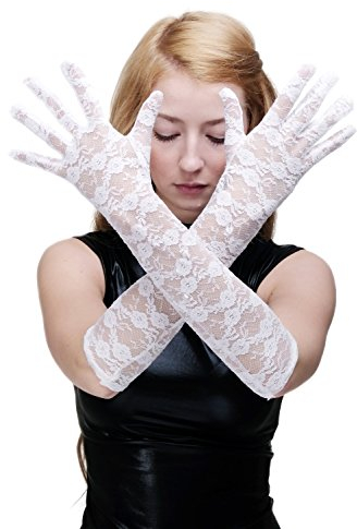 dressmeup Karneval Cosplay Burlesque Handschuhe Netzhandschuhe Spitze Spitzenhandschuhe Lang Weiß Z074