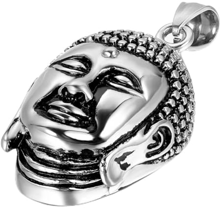 Flongo Edelstahl Anhänger Halskette Silber Schwarz Buddha Kopf Amulett Retro Herren,Damen mit 55cm Kette