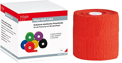 Höga Pharm Haft-Color rot 10 cm x 20 m gedehnt, kohäsive (selbsthaftende) elastische Fixierbinde, luftdurchlässig, sehr elastisch, rutschfest
