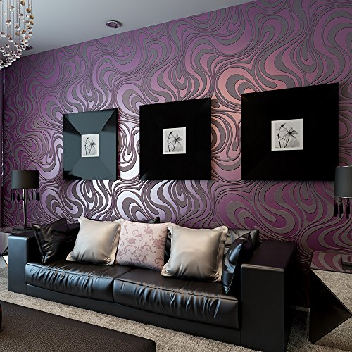 KeTian Moderne Wandtapete abstrakte 3D-Kurven, Vlies-Beflockungs-Streifen, für Wohnzimmer und Schlafzimmer, Tapetenrolle violett, 0.7m (2.29' W) x8.4m(27.56' L)=5.88m2 (63.11sq.ft)