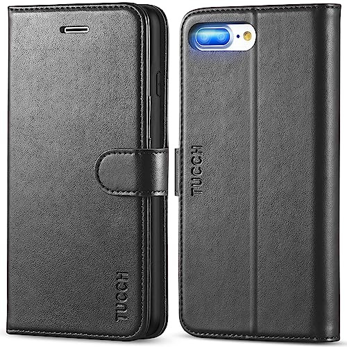TUCCH Hülle für iPhone 8 Plus/7 Plus (5,5), Schwarz | Stoßfeste Handyhülle, TPU, Kartenfächer, Ständer, Magnetverschluss, Schutzhülle Klapphülle Case Etui