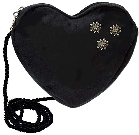 Alpenflüstern Herztasche Strass-Edelweiß Mini - Damen Trachtentasche in Herzform, Schultertasche fürs Dirndl, Herz Handtasche zur Tracht, Dirndltasche (schwarz) DTA080