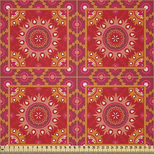 ABAKUHAUS Red Mandala Stoff als Meterware, Orientalische asiatische Fliese, Microfaser Multi Zweck Dekostoff für Kunsthandwerke, 3M (230x300cm), Mehrfarbig