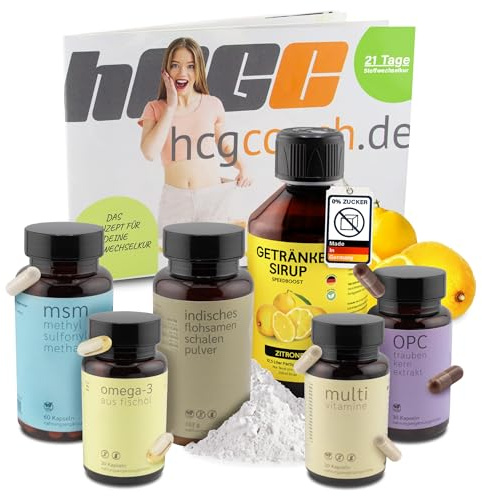 hCGC HCG Stoffwechselkur 21 Tage Basispaket – HCG Diät Set mit Omega 3, OPC, MSM, Vitaminen & Flohsamen Pulver – Stoffwechsel Beschleunigen Abnehmen – mit zuckerfreiem Zitrone-Sirup