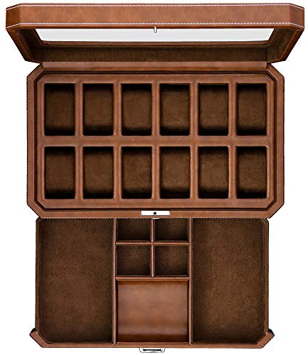ROTHWELL 12 ranura de reloj de cuero caja con servicio de cajón - reloj de lujo caja de la pantalla organizador, microgamuza liner, joyería de bloqueo para hombre relojes holder, hombres