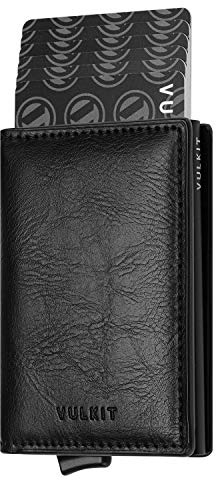 VULKIT Card Holder RFID Blocking Mens Leather Card Wallet Pop Up Secure Bank Card Holder with 2 Slots for Cards and Banknote