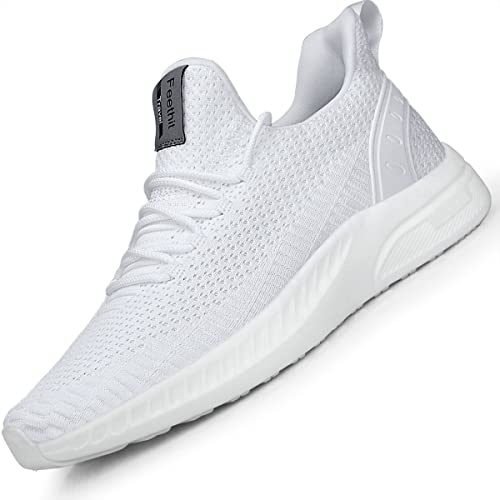 Feethit Gymnastikskor för kvinnor, män, löparskor, sportskor, sneakers, halkfria gummisulor, lätta och andas, för promenader, löpning, jogging, färger, 36–47, Vit, 45 EU