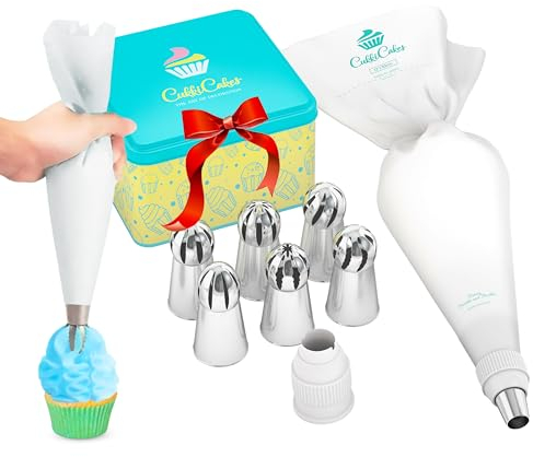 CukkiCakes Kit de Repostería Profesional (8pcs): Manga Pastelera Reutilizable + 9 Boquillas Rusas Esféricas + Acoplador, para Decoración de Cupcakes y Tartas