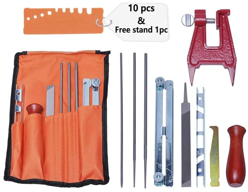Chainsaw File Kit for Sharpening Filing Chainsaws - Include Files, Wood Handle, Depth Gauge, Filing Guide, Tool Pouch & Chainsaw Filing Stump Vise by Poweka